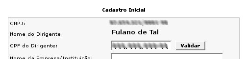Figura mostrando os primeiros campos do formulrio de cadastro inicial de uma empresa j com os nome do dirigente validado.