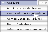 Figura mostrando o menu Cadastro com a opo Emissao do Certificado de Regularidade destacada.