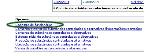 Destaque para o link Cadastro de funcionrios na tela principal do Protocolo de Montreal